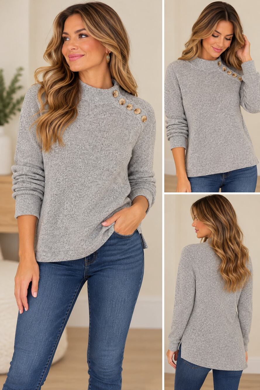 LOFT Petites Gray Marled Mock Neck Button Detail Sweater XSP